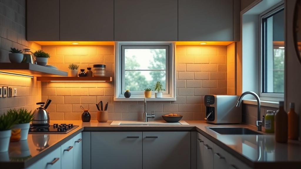 Moderne kleine Küche mit warmweißen LED-Unterbauleuchten, heller Arbeitsplatte und blendarmem Küchenlicht in einer Mietwohnung