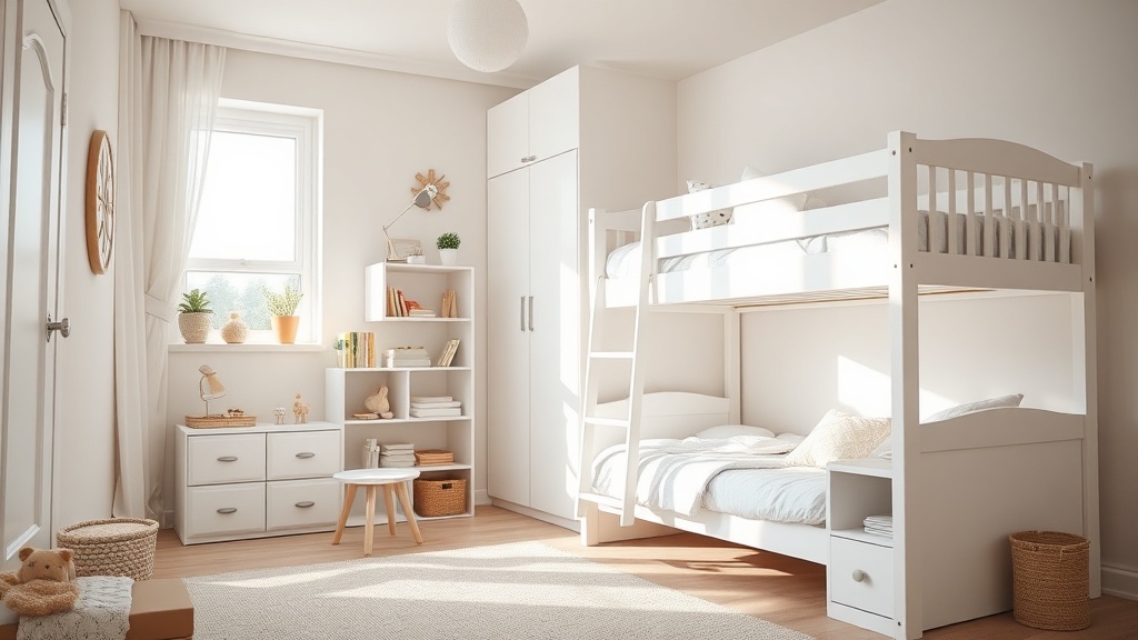 Helles Kinderzimmer mit weißem Etagenbett, Leiter und Stauraum, geplant nach Etagenbett Sicherheit und Kinderzimmer Maßen.