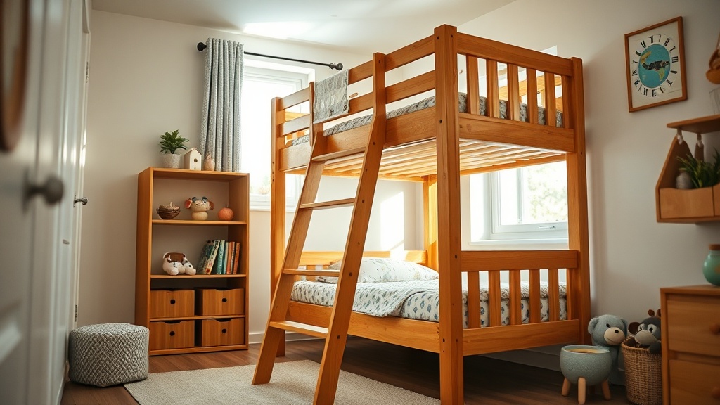 Detail einer stabilen Leiter am Etagenbett mit rutschfesten Stufen, wichtig für Hochbett Montage und sichere Nutzung.